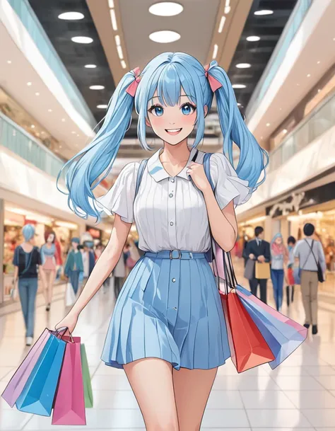  long light blue hair walking around the city with shopping bags 　  Beautiful Girl with Twin Tails 　smile　Walking in a shopping mall 　