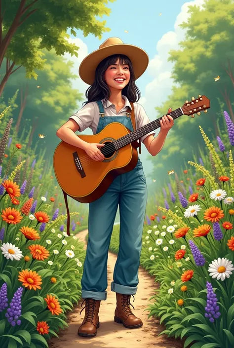 Create a drawing of a happy female gardener playing guitar in the middle of a garden