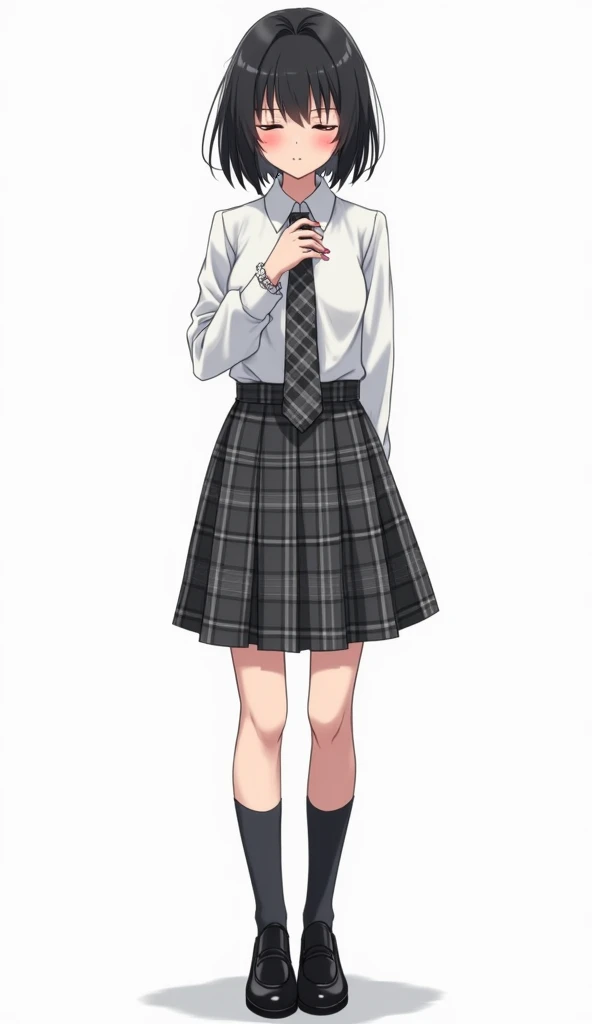 Teenage woman with black and short hair and with white anime watch and pink nails with schoolboy long-sleeved white shirt and plaid tie in dark gray and white and plaid pleated skirt in combination of dark gray and white colors, following a uniform pattern...