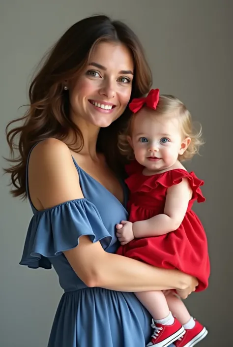  A mother with a thin and delicate face ,  with wavy hair , wears an elegant blue dress ,  transmitting serenity and love . In your arms,  your 8-month-old baby ,  a little enchanter with white skin and bright blue eyes,  smiles in a little red dress that ...