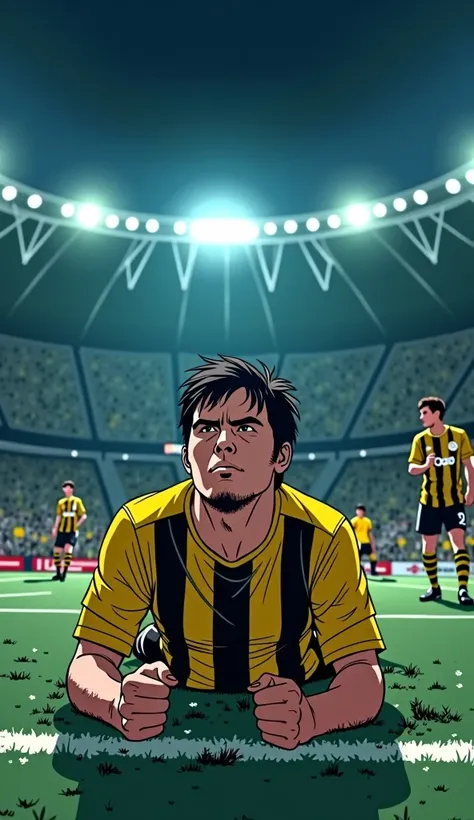 a drawing,  comic style of a  ((Night match )) , ((a player lying face down on the floor ,  raises his head he wears a uniform with yellow and black vertical stripes and black shorts and black shoes)) ((He has the serious expression )) ((( is the only play...