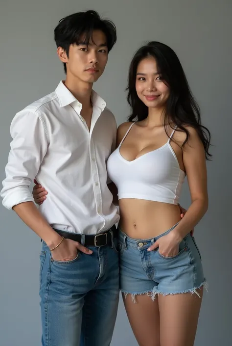 20 years old handsome guy short middle parted black hair wear wore dress shirt and hammer pant with his girlfriend large big breast cup, cleavage, wear white tanktop and skinny short jeans, background grey studio photo, REALISME, HIPPERREALISME, PHOTOREALI...