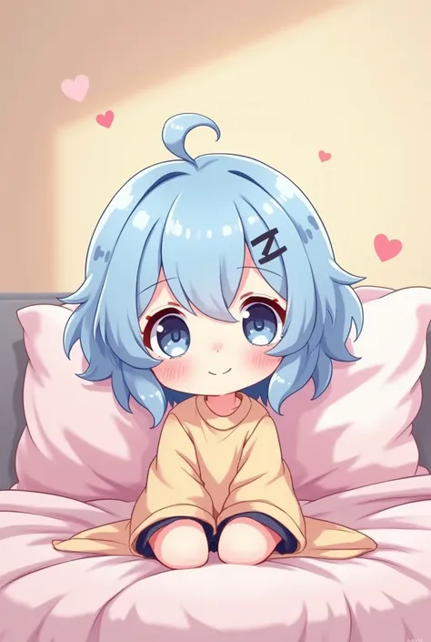 Cute girl with fluffy light blue hair, sitting on bed, blush, cartoon style