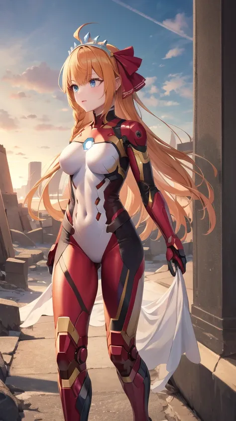 masterpiece, best quality, highres, aapeco, very long hair, ahoge, braid, tiara, hair ribbon, ruins, standing, bodysuit, iron man, serious, walking,