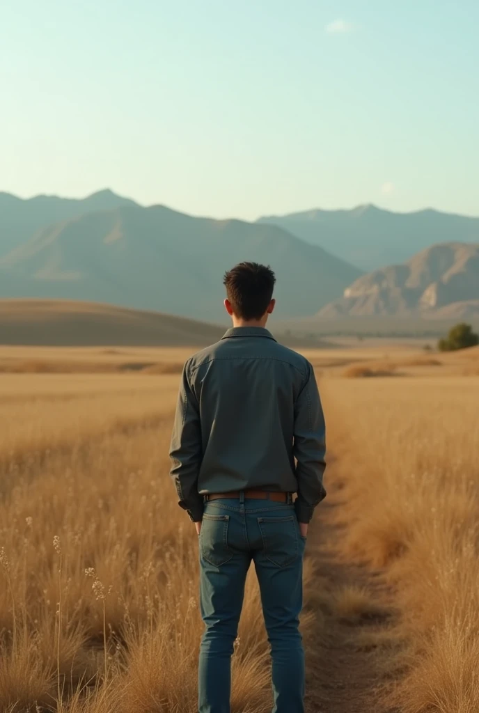 A man standing alone in a vast, open field, looking thoughtful and contemplative, modern day, casual clothes, with a serene and lonely landscape in the background, medium shot, hyper-realistic, photo realim, cinematography —ar 9:16.