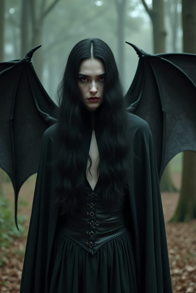  Make a vampire man , Male vampire man, long black hair, large bat wings, Lead-gray wings ,  with pointed nosferatu ears, with blood-red eyes , with vampire fangs ,  the face of a vampire monster , (obscure), (dark), ( Gothic), ( ultrarealismo)  long wavy ...