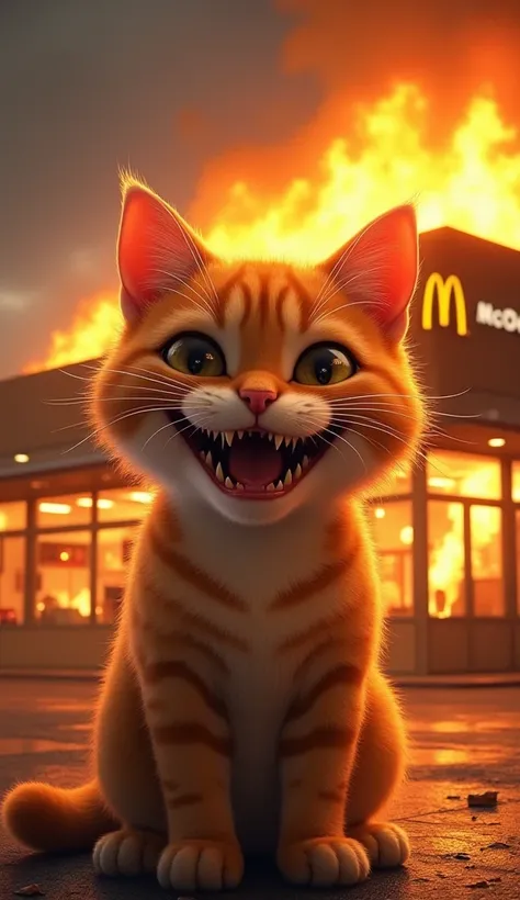   
"A digitally rendered anthropomorphic orange tabby cat with realistic fur texture and vivid expressions, positioned in front of a modern fast-food restaurant engulfed in flames. The cats design should blend realism and fantasy, showcasing sharp, menacin...