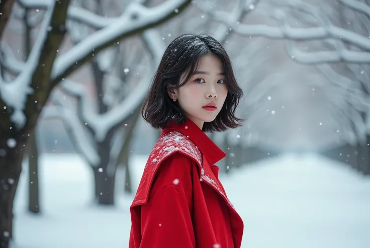  A Korean girl wearing a red jacket showing a beautiful appearance.  Short Medium Length Hair . Park landscape with heavy snowfall . snowy landscape. A lot of snow is piled up on the branches of the tree .
