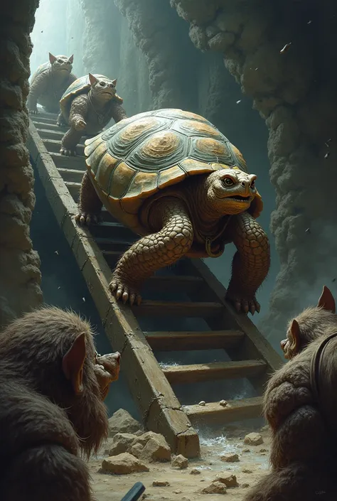 a D&D battle scene in which an elderly tortoise slides, closed in its shell, down a ladder, hitting some gnolls who were climbing. 