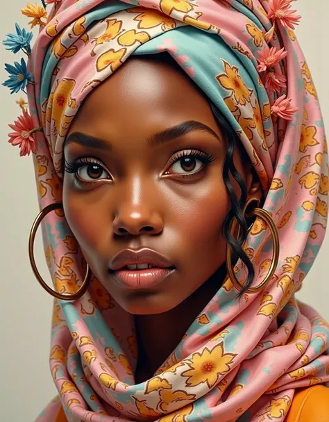 An exotic beauty of african woman donning pastel color  hijab inspired by african Eath color, an oil on canvas painting with a brust stroke of Don Lawrence