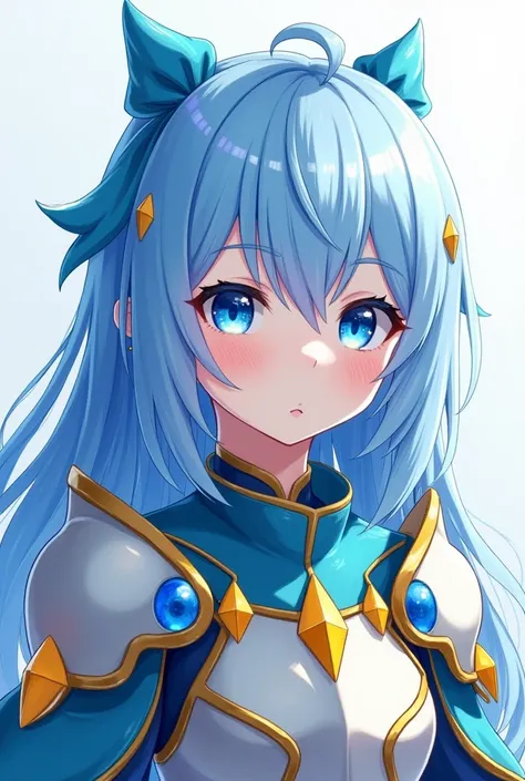 Create an image of a girl with armor with blue decoration and yellow crystals in her armor and what a sea of blue hair and what a sea of white skin with very light blue eyes and that her eyelashes are blue and her eyebrows are blue. 