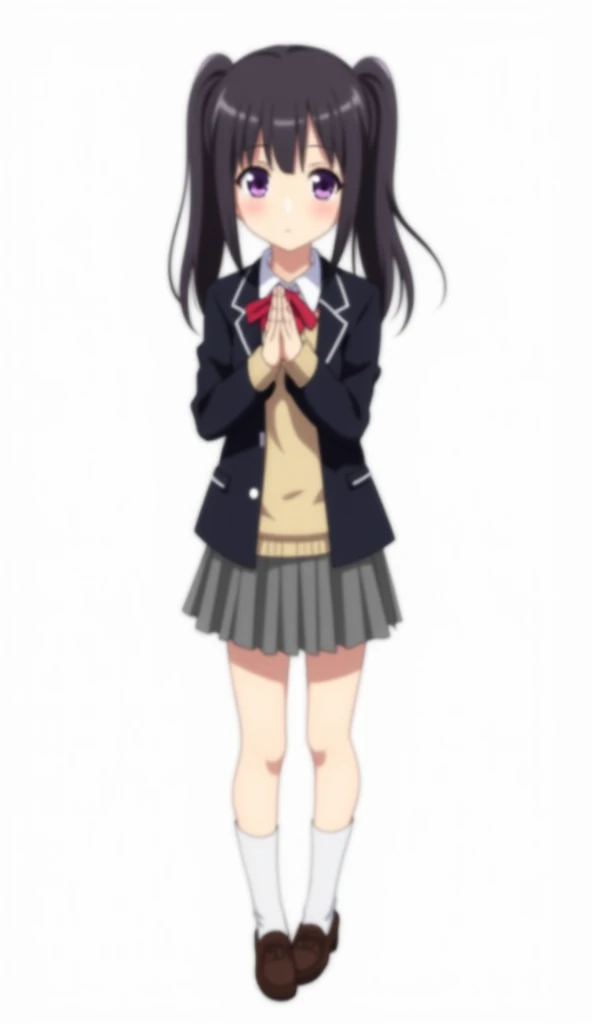 Animated teenage girl with medium long straight black hair and two high ponytails and while the rest of her hair the back is loose and with purple eyes and wears a black blazer, a sleeveless beige sweater , a white shirt,  a red ribbon , a grey skirt, knee...