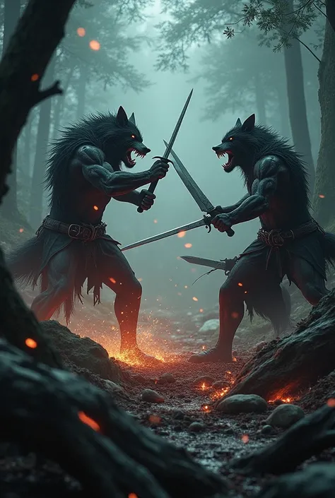 Fight between werewolves and vampires with swords and guns 