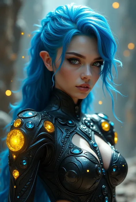  With black armor and yellow and blue crystals for decoration on the armor , blue hair and white eyelashes  , his grey eyes 