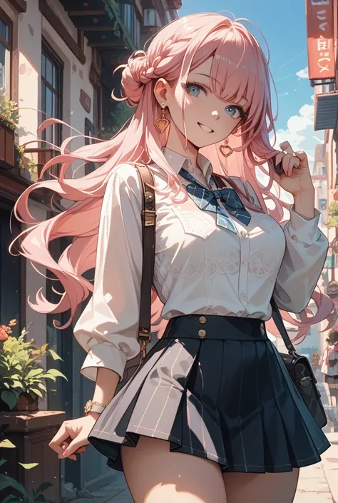 A long-haired, pink-haired woman wearing just a mini skirt