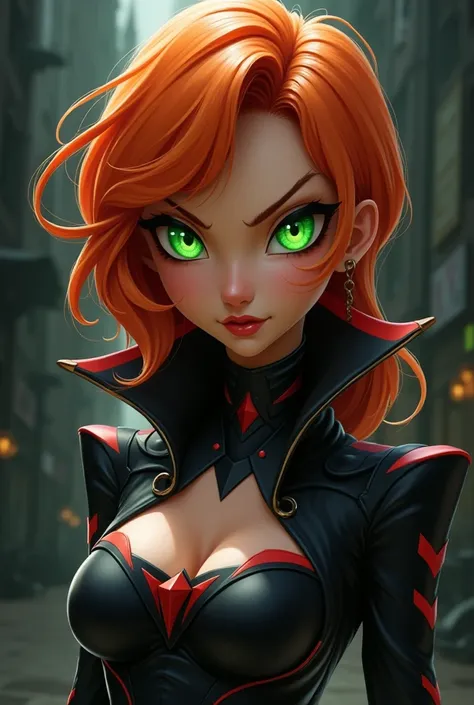 Animated character with orange hair green eyes female villain costume 