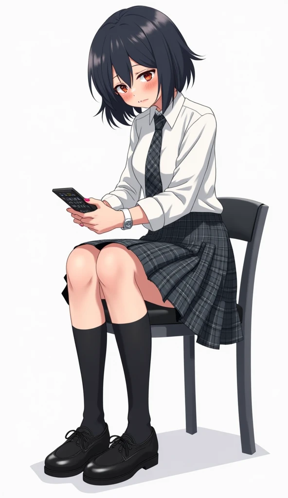 Teenage woman with black and short hair and with white anime watch and pink nails with schoolboy long-sleeved white shirt and plaid tie in dark gray and white and plaid pleated skirt in combination of dark gray and white colors, following a uniform pattern...