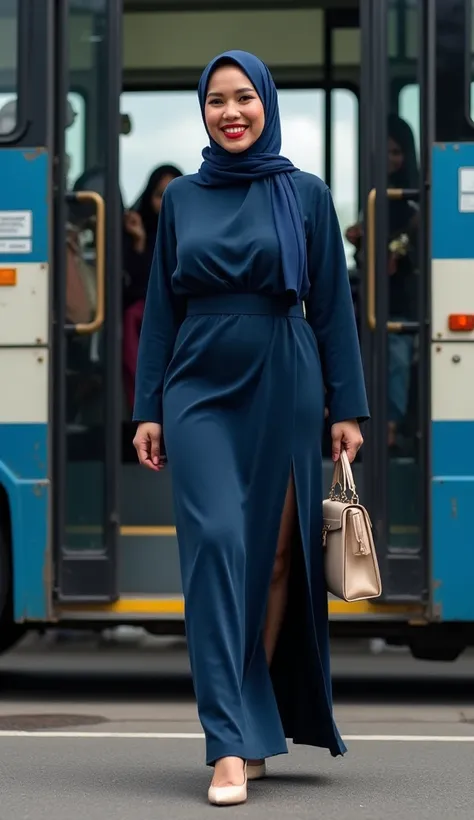 indonesian aunty,  dark blue Pasmina hijab , carrying a beautiful bag on her shoulders,  as well as wearing a closed white shirt , and wears a long skirt split wide at her thighs a dark blue color( the cleavage of her skirt is wide open ), hourglass shape ...