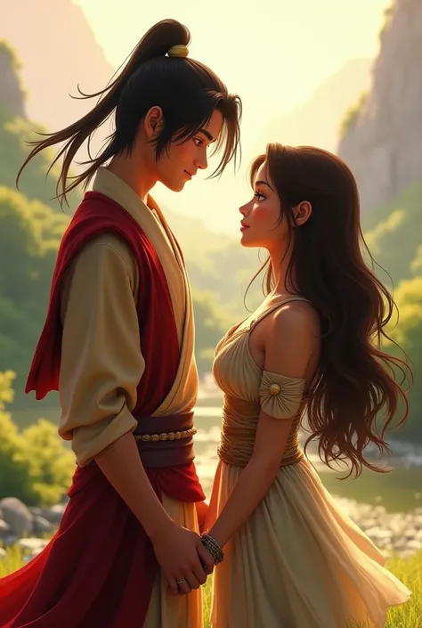 Prince Zuko from avatar the last airbender, is holding hands with a girl who has long brown hair, soft caramell skin tone, blue eyes and water tribe clothes