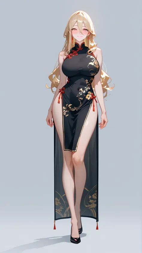 1 Girl,  unique ,  HD, Accurate,  long hair, blond,  Hair Between Eyes ,  Big Breasts ,  blush,  has a seductive smile, heart in eye,  Wearing cheongsam， Full Body Photo ， long legs，Black Silk：1.5， format