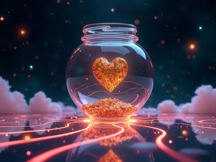 futuristic jar with a golden broken heart inside floating in the space with neon lights and background with a lot lights and clouds of neon lights