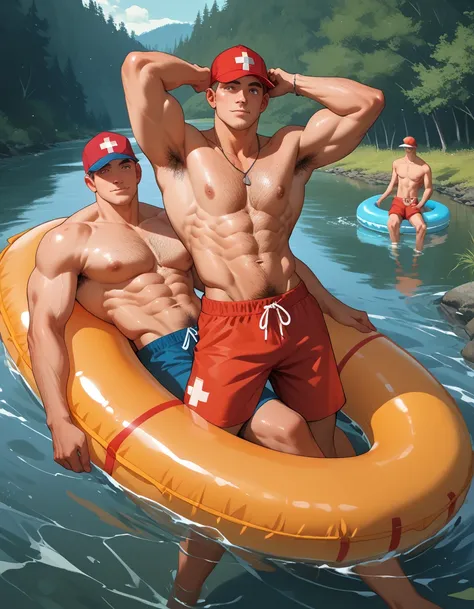 3 latin boys 15yo shirtless fit, hairy armpits, baseball cap, river, lifesaver float on waist, floating on river. 3 boys on image 