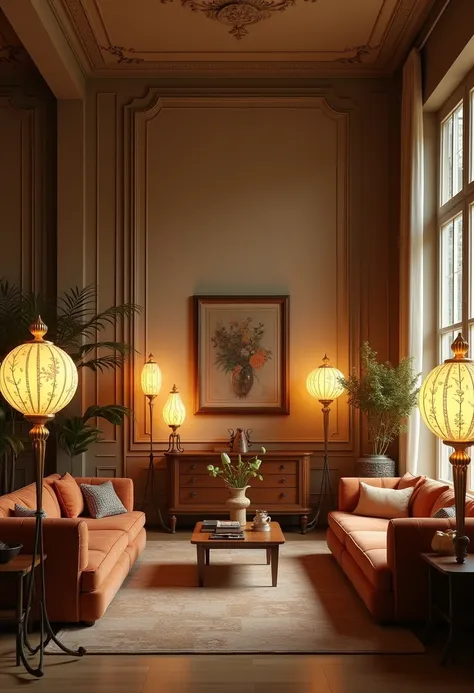 A large living space decorated with lamps displaying various decorative items the style of the Vienna Secession and a framed artwork on the wall above it. The room has a warm, neutral color palette with wooden furniture and accents