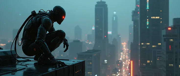 Futuristic ninja half robot, looking down to the city hiding at a blackout on a roof from robots looking form him down in the city