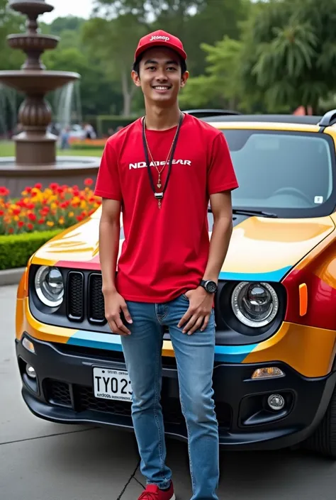 a handsome 26 year old Asian man, wearing a red baseball cap, wearing a red t-shirt that says "NDABLEX CREATOR", wearing a watch, wearing a long black necklace, wearing patterned blue jeans, wearing red jungle shoes, he is standing posing next to the car T...