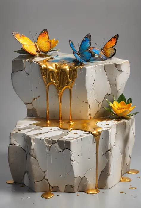 ((display， Still Life Table ， Artistic Statues，3D sculpture， ceramic ，Superficial fissures ，Cracked texture)), showing the beauty of nature.gold，colored powder，  To emphasize your artistic quality .
