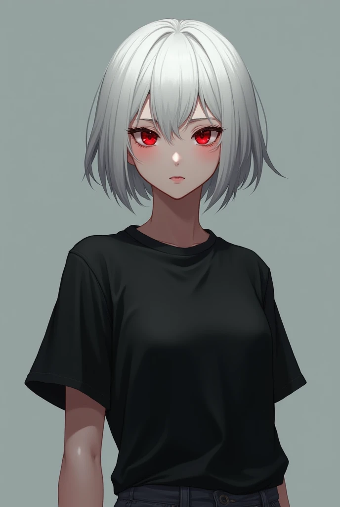 1 girl, Alone,  white hair , Ojos rojos,  short hair,  medium breasts,  black t-shirt , street clothes,  masterpiece,  best quality,  upper body , gray background, without emotions