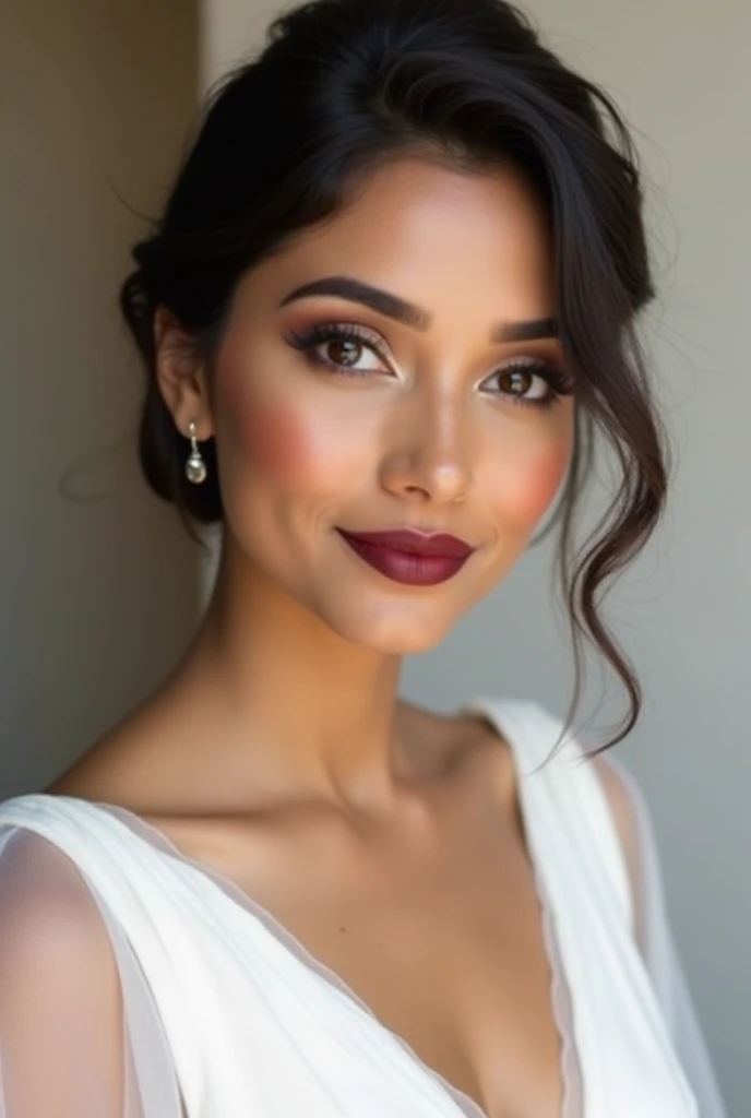 Generate an image of an Indian Christian bride (in white dress) with light fair toned brown skin, with a simple minimalistic makeup look. Her lipstick should matte and should be a deep colour but not red or maroon
