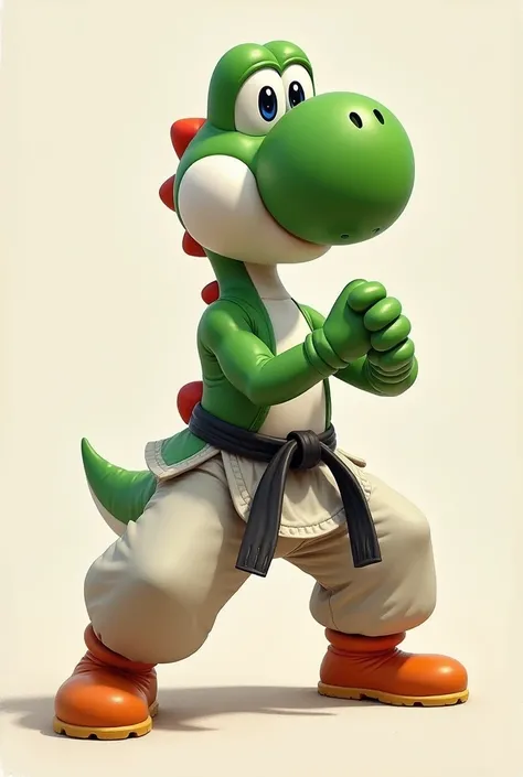 Believe me Yoshi from Mario Bros in a karate position with his uniform and who looks as if he were painted in oil