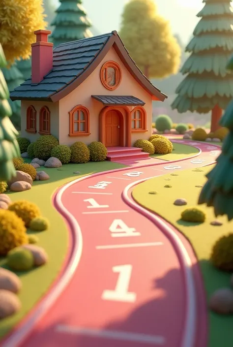 cozy house on the outside with an athletics track like four pink streets and with numbers one, two, three and four in order at the finish line 