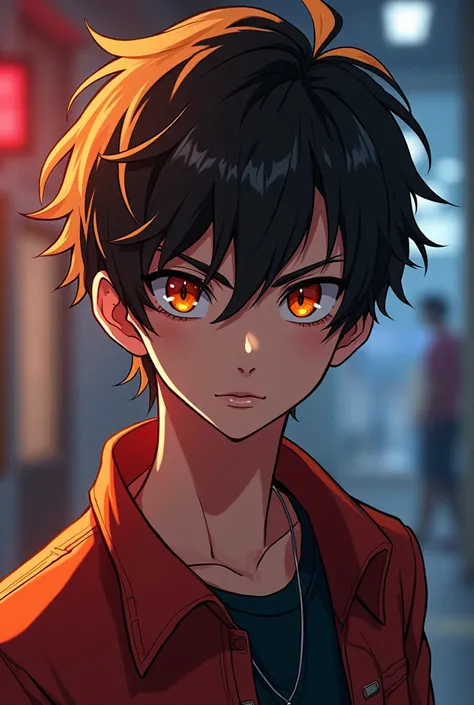 Anime style, 1 man, male, school boy, messy hair, medium length, hair between eyes, bangs, brown hair, orAnge eyes, badass