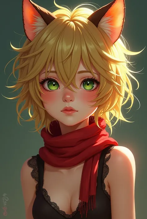 a girl character, messy blonde hair with yellow tint, brown cat ears, green pupils, wearing a red scarf around her neck, wearing revealing clothes