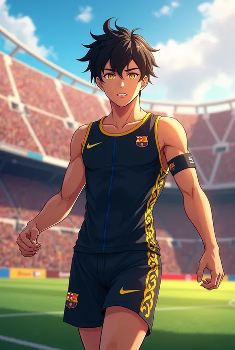 (Art work, maximum quality,  best quality swimsuit, official art,  handsome and aesthetic :1.2)  Anime boy ,  with black hair ,  yellow eyes ,  Barcelona ,  playing in a soccer stadium.