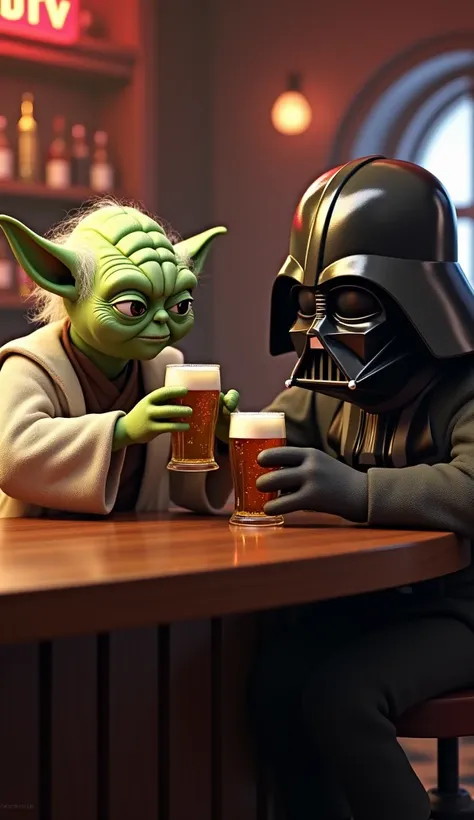  Create super realistic animation Yoda and Dart Vader each with a glass of beer in their hand, sitting at a bar drinking beer .   man,  ultra quality,  maximum quality, 8k, 4K,  extreme quality, details,  super detailed 