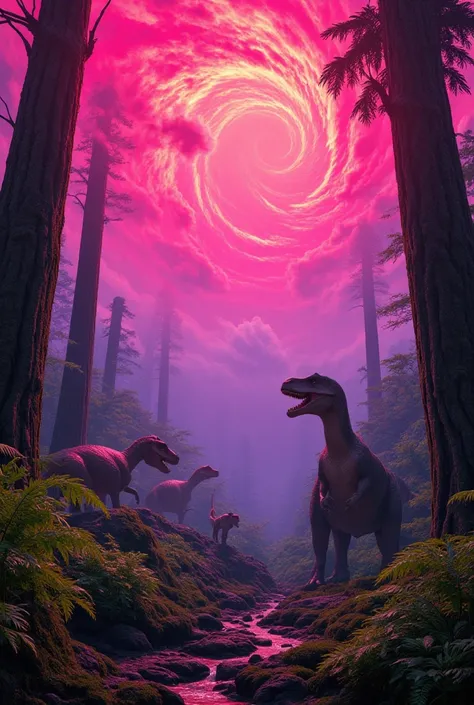 The air of ancient dinosaur times pink red clouds and the forest trees