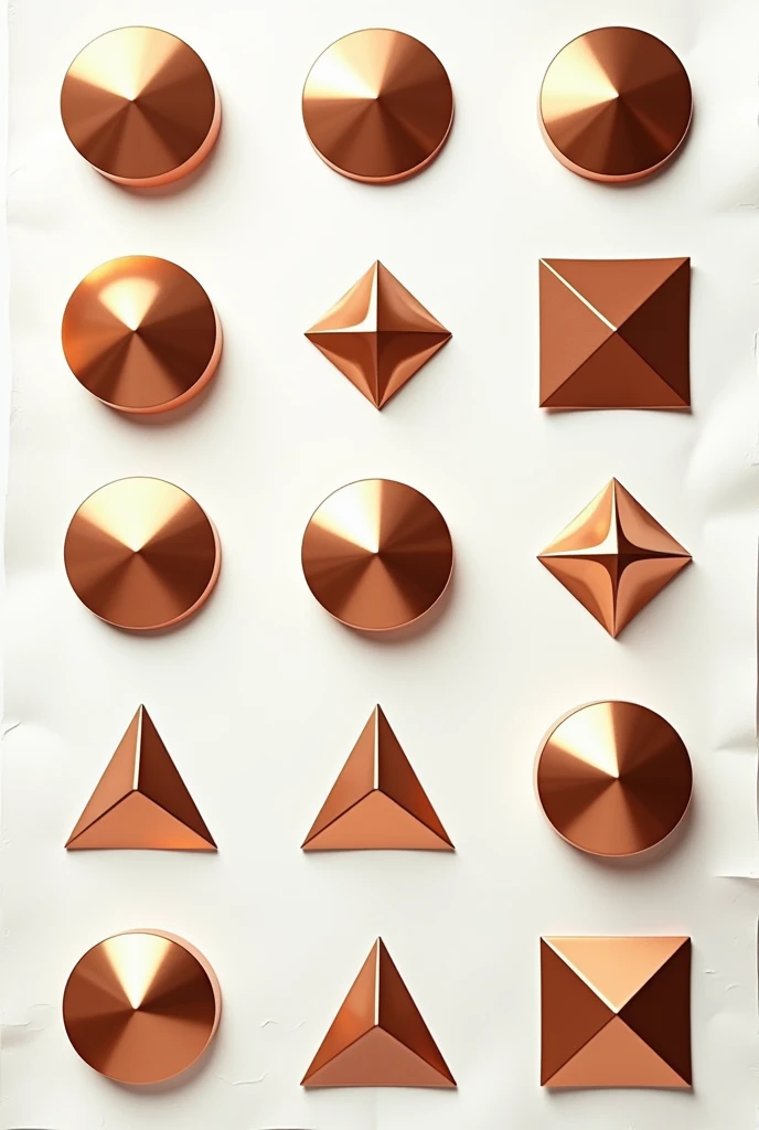  instruction sheet, draw various symmetrical geometric shapes in the appearance of copper metal,Represents reflax , separate shades ,gridcolor , white paper background 