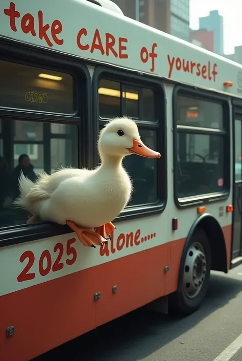 Duck gets on the bus  , visible from the side of his bus  ,  body bus there is a big inscription TAKE CARE OF YOURSELF 
2025 ALONE 