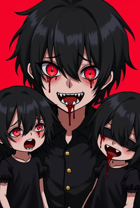 Fassa , an anime character with sharp silver-colored teeth and sharp gold-colored nails and with blood dripping from them  ,  implying that he is a cannibal with vibrant red eyes and black clothes who wears two terrifying dolls wearing black dresses and a ...