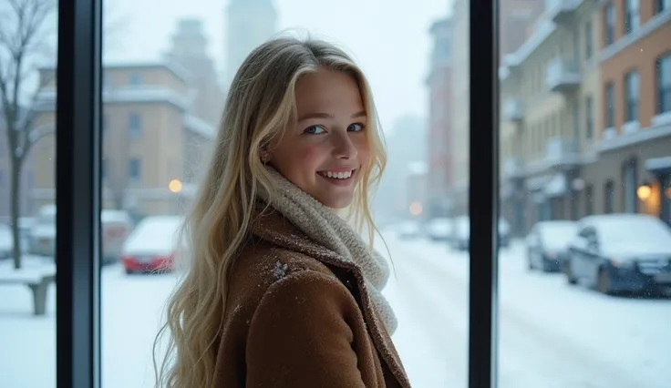  High quality. A real girl with 18 years old with beyond floor length blonde hair and see her "whole" body standing on the right of floor to ceiling window, must see her whole body. The scenario of window shows winter city in modern city. This graph MUST s...