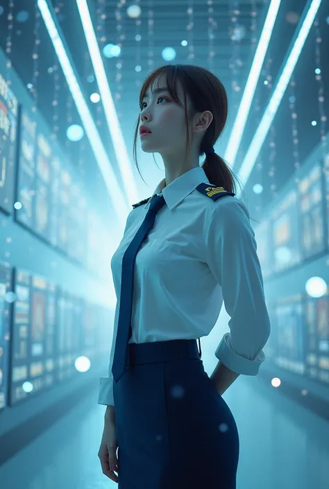 A beautiful Japanese woman in a self-defense officer uniform, 25 age, wearing a white long-sleeve shirt, navy tie, navy pencil skirt, and black patent high heels, with beautiful curves. She has brown hair, low ponytail, her arms are hanging loosely by her ...