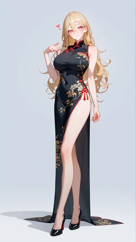 1 Girl,  unique ,  HD, Accurate,  long hair, blond,  Hair Between Eyes ,  Big Breasts ,  blush,  has a seductive smile, heart in eye,  Wearing cheongsam， Full Body Photo ， long legs，Black Silk：1.5， format