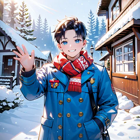 masterpiece, best quality, 1boy, me3d, a boy sitting on the front steps of his house, smiling and waving at the camera, the young man with black hair and blue eyes wearing (trench coat and scarf), snow falls and covers the ground gently reflecting the sunl...