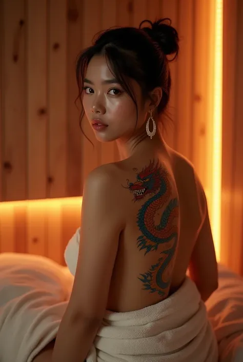 A beautiful indonesian woman, plump, short tied hair, wearing towel, colorful dragon tattoo on her back, in the sauna room with led light, look back at the viewer, 