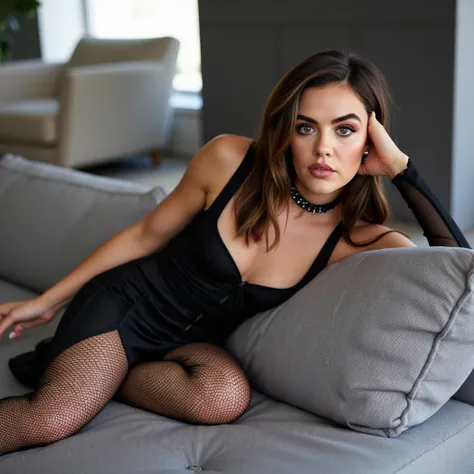 Chrissy sitting on a gray couch in her modern and fancy livingroom, she is wearing an attractive black dress with a visible cleavage and a leg opening on the side, fishnet leggings and high heels, choker necklace, black eyeliner, looking straight at the vi...