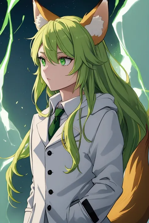 Human with fox ears and fox tail wearing a white scientists coat and light green eyes 