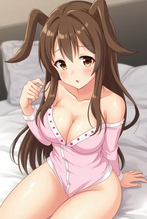 masterpiece, best quality, high quality, highres, ultra-detallado), Takahashi Yui  , 1 girl, brown hair ,  long hair, brown eyes, Hair between the eyes pyjamas, Open your mouth, surprised , Full body photo ,( big breasts ， narrow waist， bare shoulders，bott...